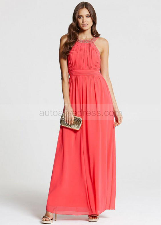 Coral Chiffon Beads Halter Neckline Long Prom Dress